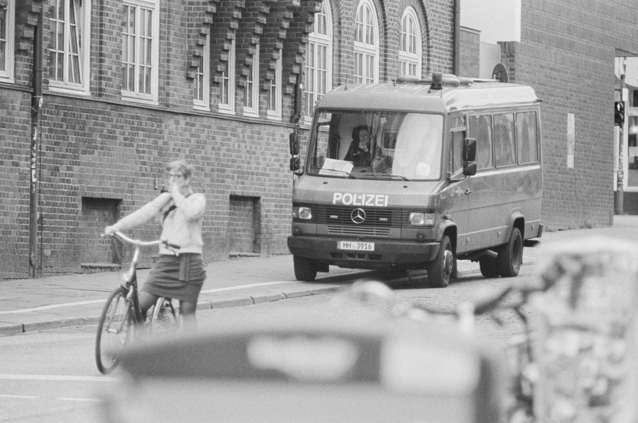 A police car in front of the Davidwache at Hamburg's Reeperbahn. Shot on Agfa APX 400