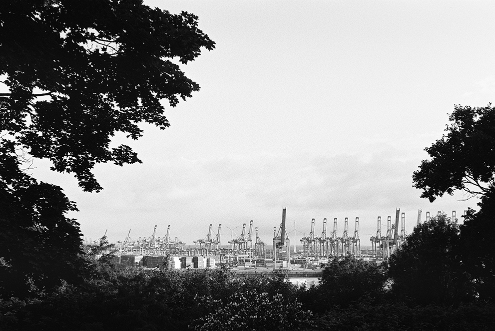 The Hamburg Harbor seen from the Altona balcony. Shot in Ilford Delta 100