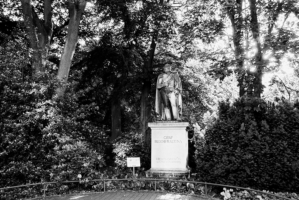 The statue of Graf Blücher on the west site of the Altona city hall. Shot in Ilford Delta 100