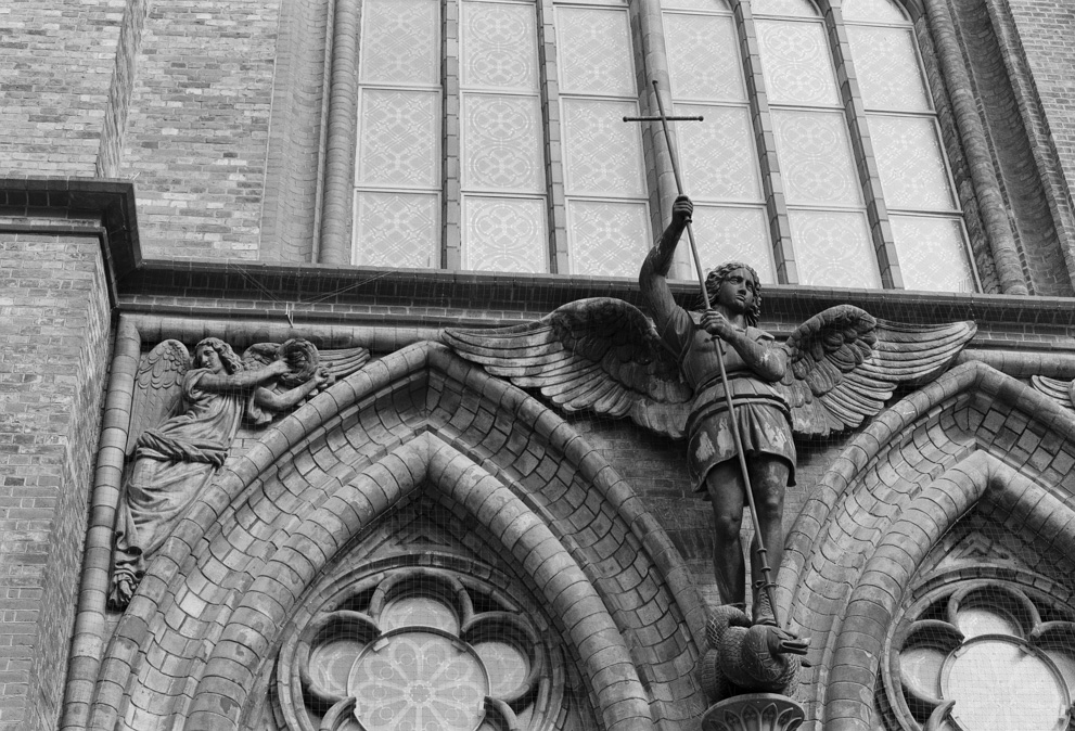 Sculpture above the entrance portal of the Friedrichswerdersche church in Berlin. Shot on Kodak Tmax 100.