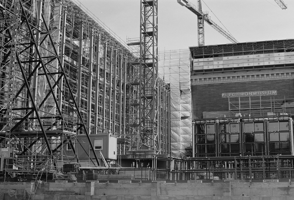 The Pergamon museum in Berlin with its large construction site including many steel beams. Shot on Kodak Tmax 100.